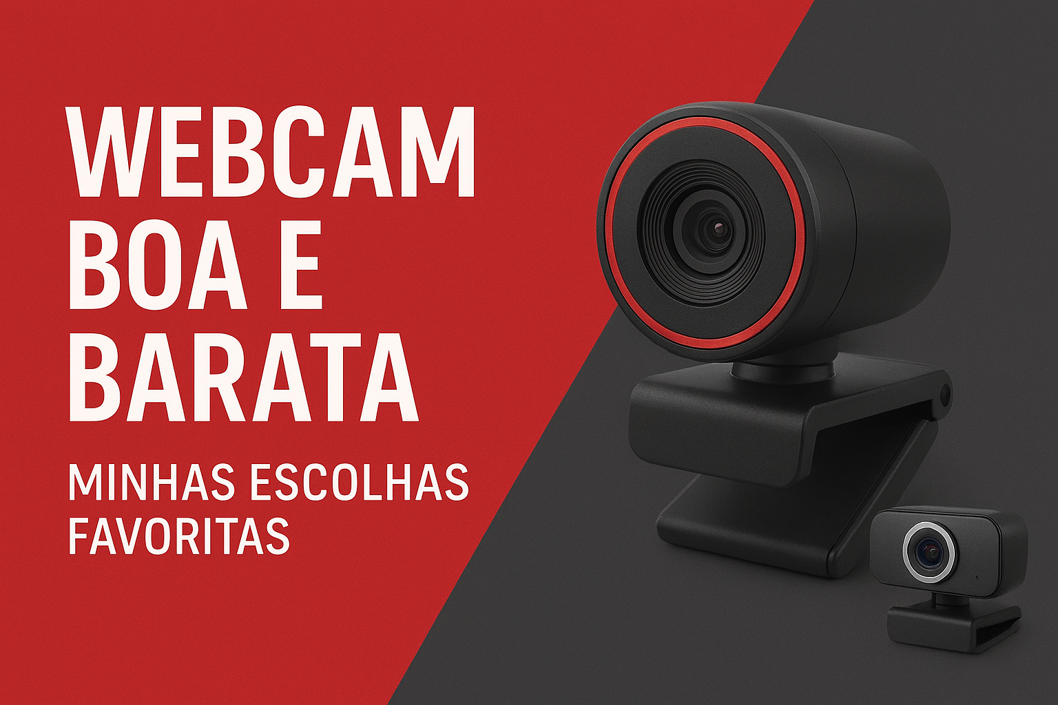 "Imagem de fundo vermelho com uma webcam moderna e compacta em destaque. Ao lado, está escrito em letras brancas: 'WEBCAM BOA E BARATA - MINHAS ESCOLHAS FAVORITAS'."