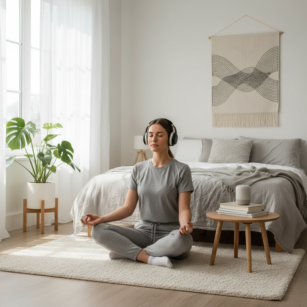 mulher fazendo meditação guiada no quarto com fone de ouvido para aliviar a ansiedade