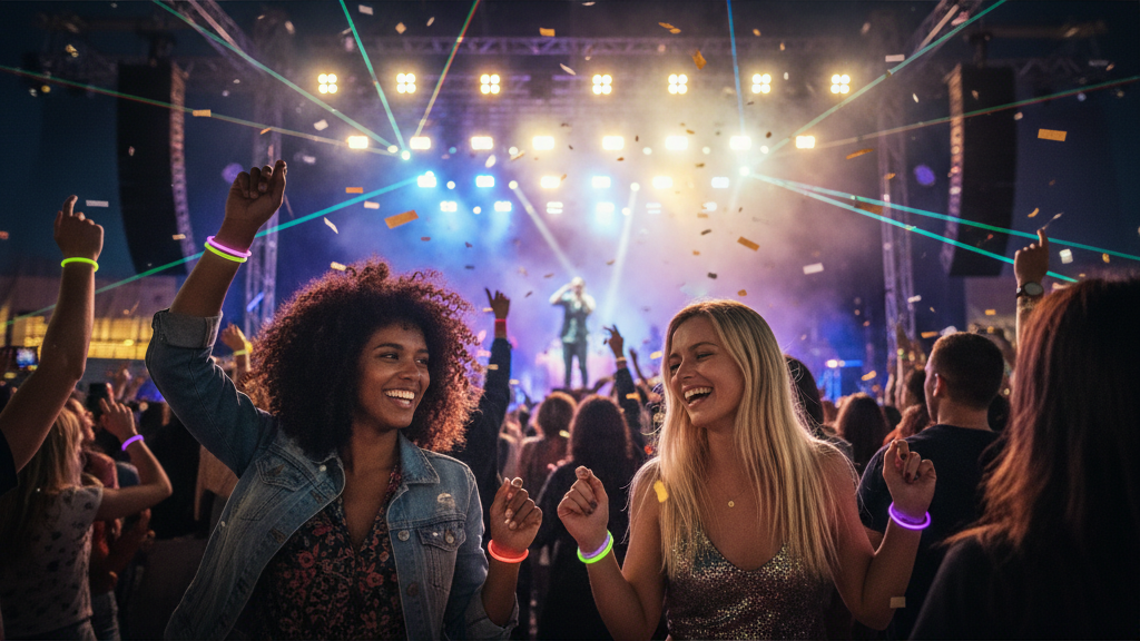 Duas mulheres, uma negra e outra loira, amigas aproveitando juntas um show, com o palco e o cantor ao fundo.