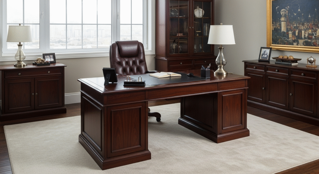 Se você prefere elegância atemporal, as escrivaninhas para home office de estilo clássico trazem aquela sofisticação de escritórios tradicionais.