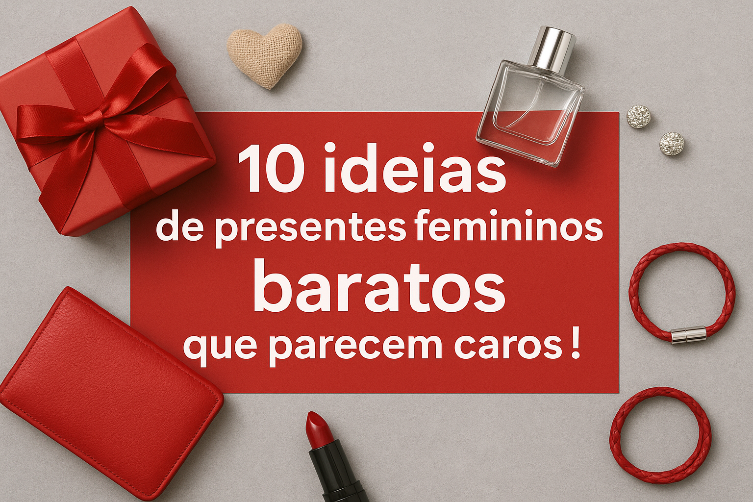 Capa de blog em formato paisagem com design moderno nas cores vermelho e cinza. Elementos elegantes remetendo a presentes femininos, como caixa de presente, perfume e acessórios, compõem a cena. O título ‘10 ideias de presentes femininos baratos que parecem caros!’ aparece em destaque no centro.