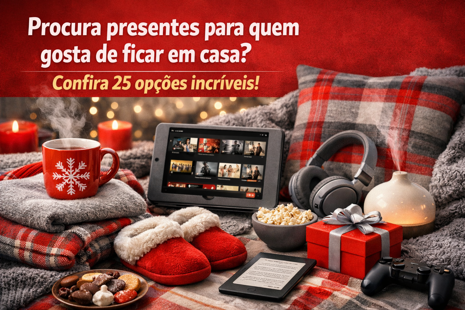 “Capa de blog em formato paisagem, nas cores vermelho e cinza, mostrando um ambiente aconchegante com manta, pantufas, caneca quente, tablet com filmes, fones de ouvido e presentes. Texto em destaque: ‘Procura presentes para quem gosta de ficar em casa? Confira 25 opções incríveis!’.”