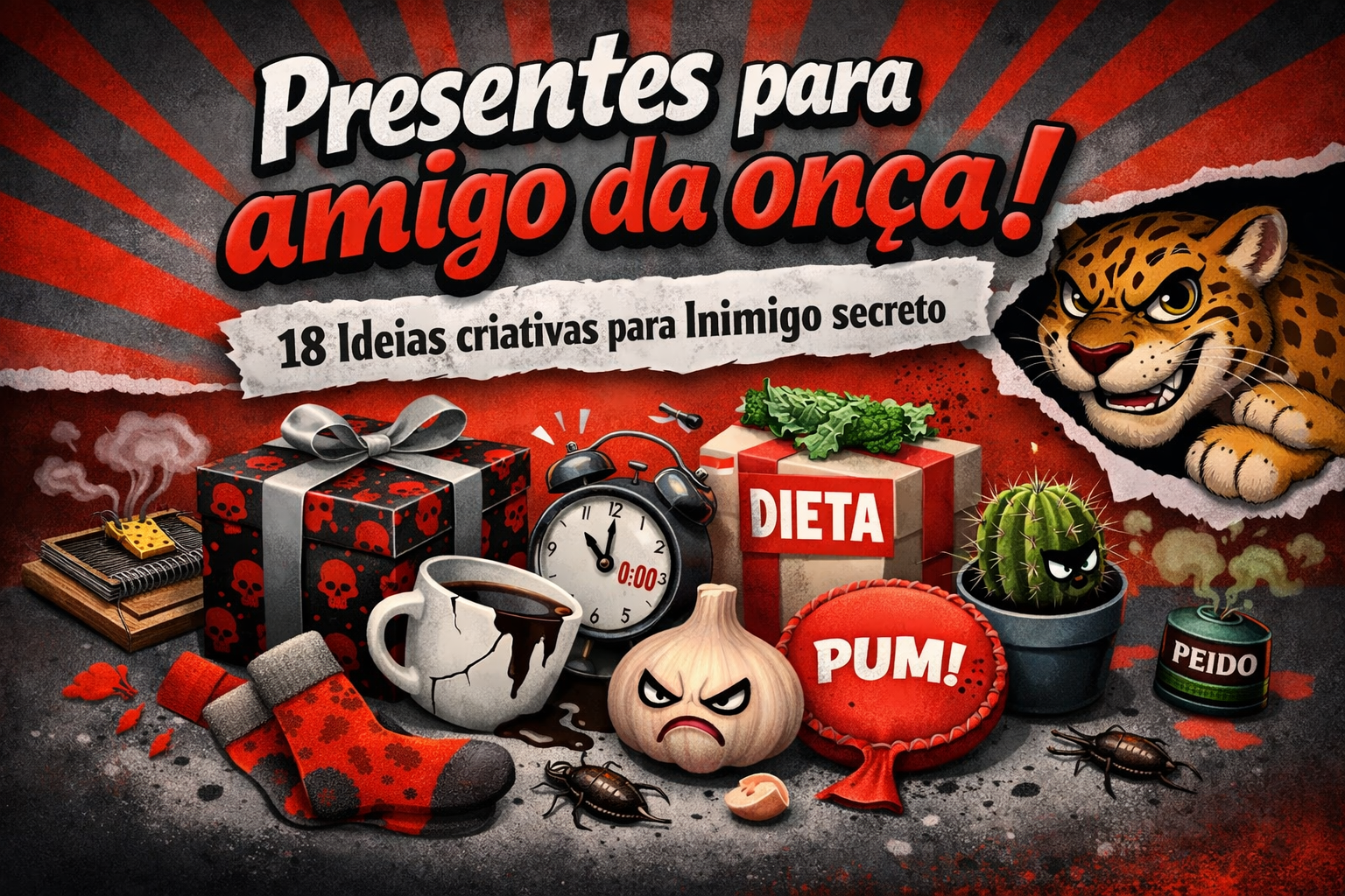 Imagem de capa de blog em formato paisagem com fundo vermelho e cinza, trazendo o título “Presentes para amigo da onça!” e o subtítulo “18 ideias criativas para inimigo secreto”. A arte mostra objetos de brincadeira e pegadinhas, como caixa de presente engraçada, alho com expressão irritada, despertador, almofada de pum, meias estranhas, insetos falsos e um personagem de onça com ar travesso, representando presentes divertidos e provocativos.
