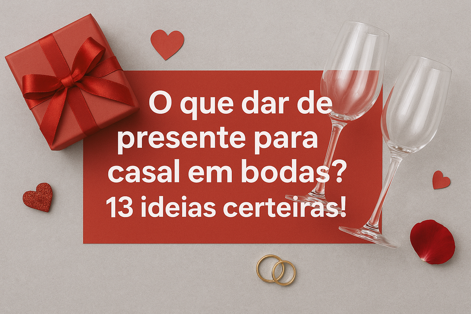 Capa de blog em formato paisagem com design nas cores vermelho e cinza. Elementos românticos como duas alianças, caixa de presente, taças e detalhes decorativos compõem a cena. No centro, o título ‘O que dar de presente para casal em bodas? 13 ideias certeiras!’ aparece em destaque.