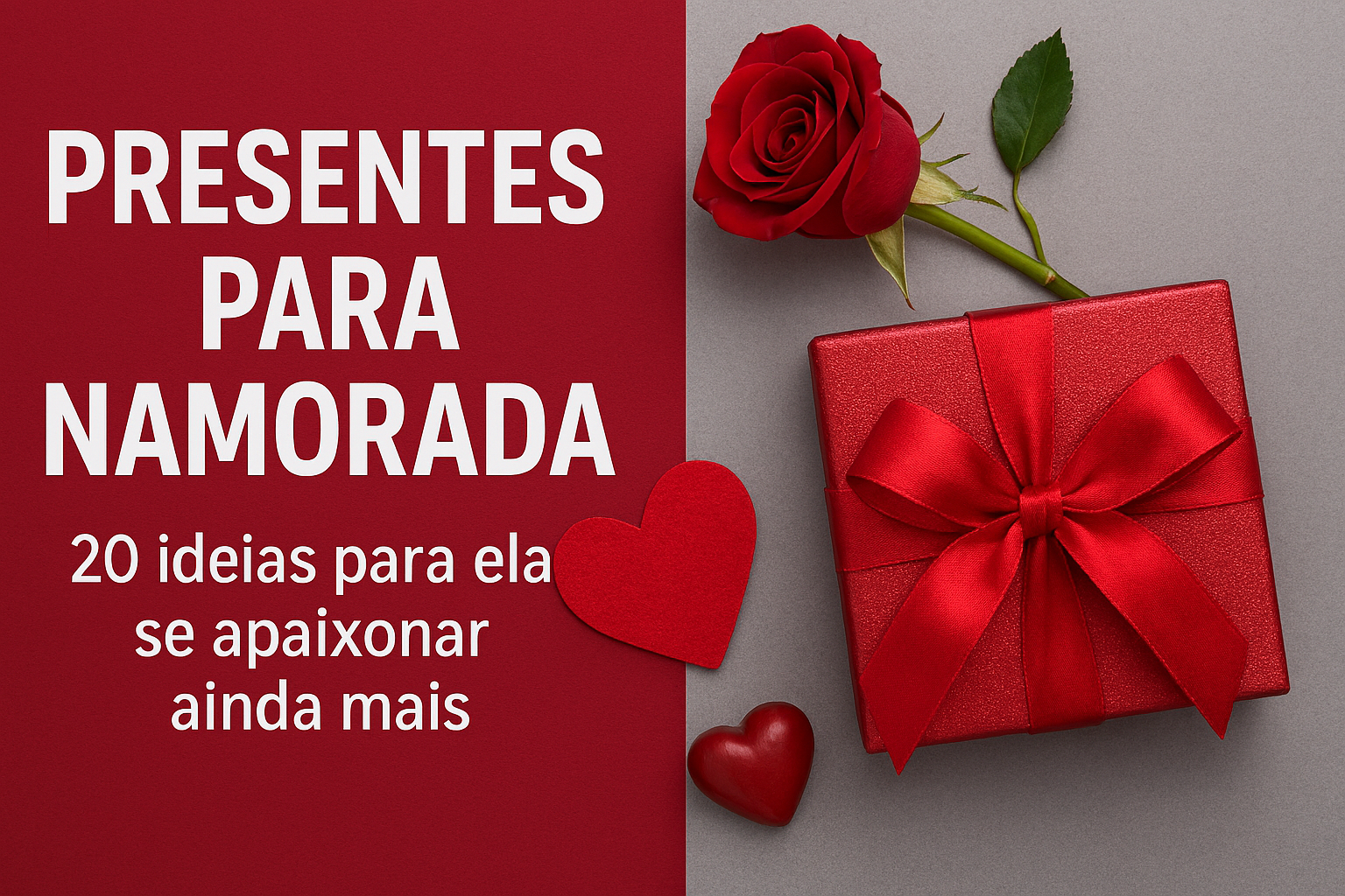 “Capa de blog em formato paisagem com fundo em tons de vermelho e cinza. À esquerda, o título em letras brancas: ‘Presentes para Namorada: 20 ideias para ela se apaixonar ainda mais’. À direita, uma caixa de presente vermelha com laço de fita, acompanhada de uma rosa vermelha e corações decorativos sobre fundo cinza texturizado. O design transmite romantismo e elegância.”