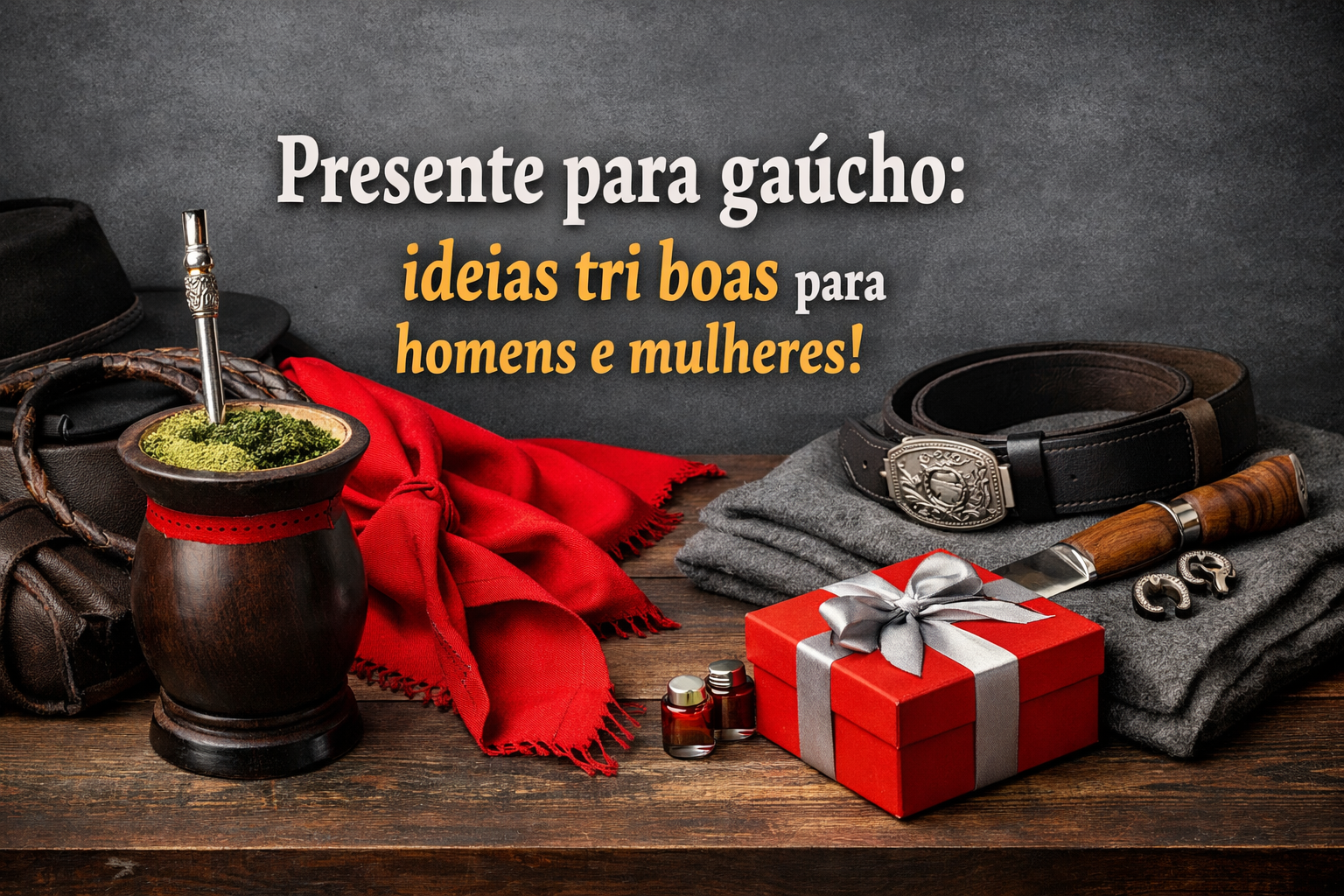 “Imagem com itens típicos da cultura gaúcha dispostos sobre uma mesa de madeira: cuia de chimarrão com bomba, lenço vermelho, chapéu, cinto com fivela, faca com cabo de madeira e bainha de couro, além de um presente embrulhado com laço prateado. Texto na imagem diz: ‘Presente para gaúcho: ideias tri boas para homens e mulheres!’.”