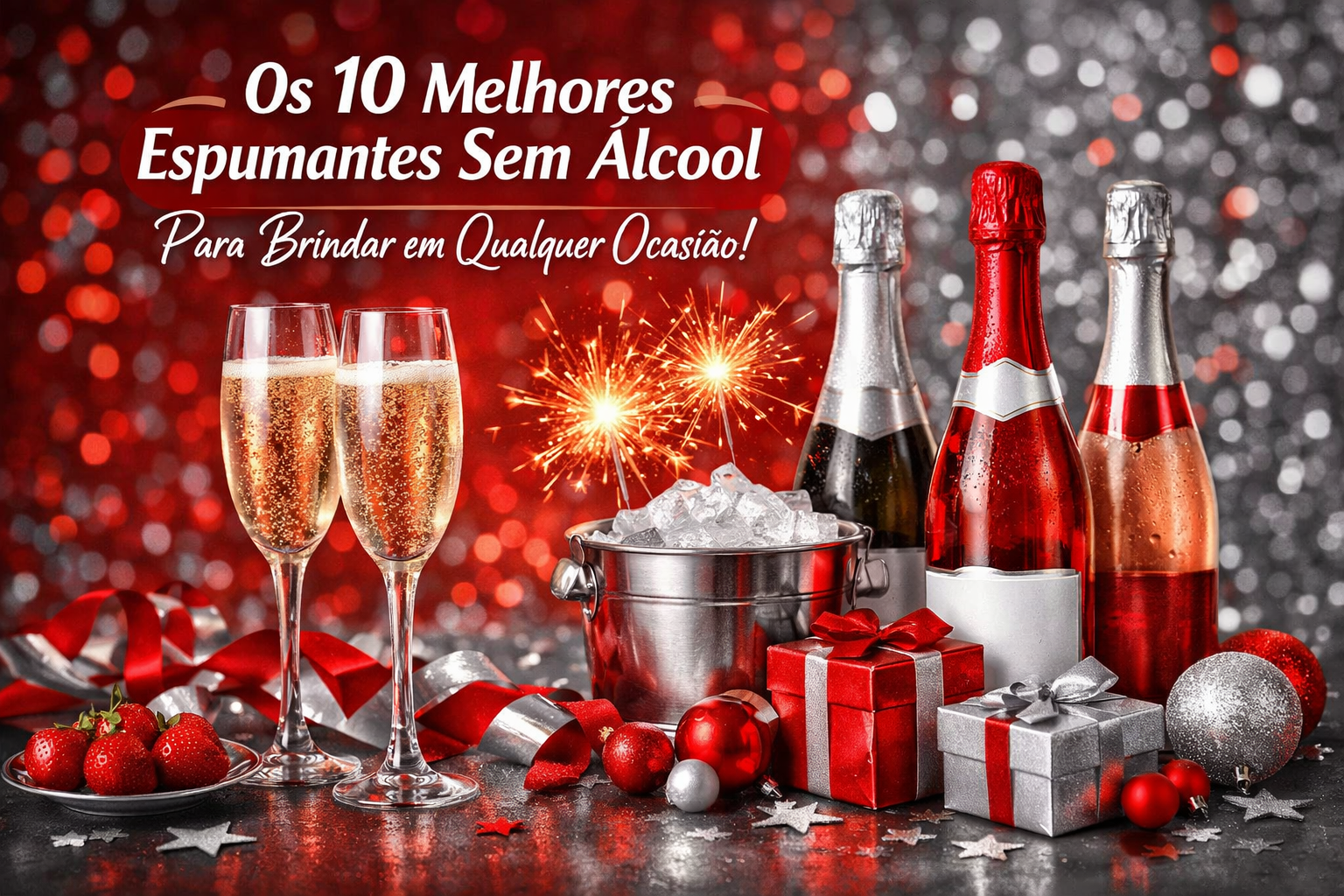 Capa de blog em formato paisagem com garrafas de espumante sem álcool nas cores vermelho e cinza, duas taças com bebida borbulhante, balde de gelo e elementos festivos ao fundo, representando os 10 melhores espumantes sem álcool para brindar em qualquer ocasião.