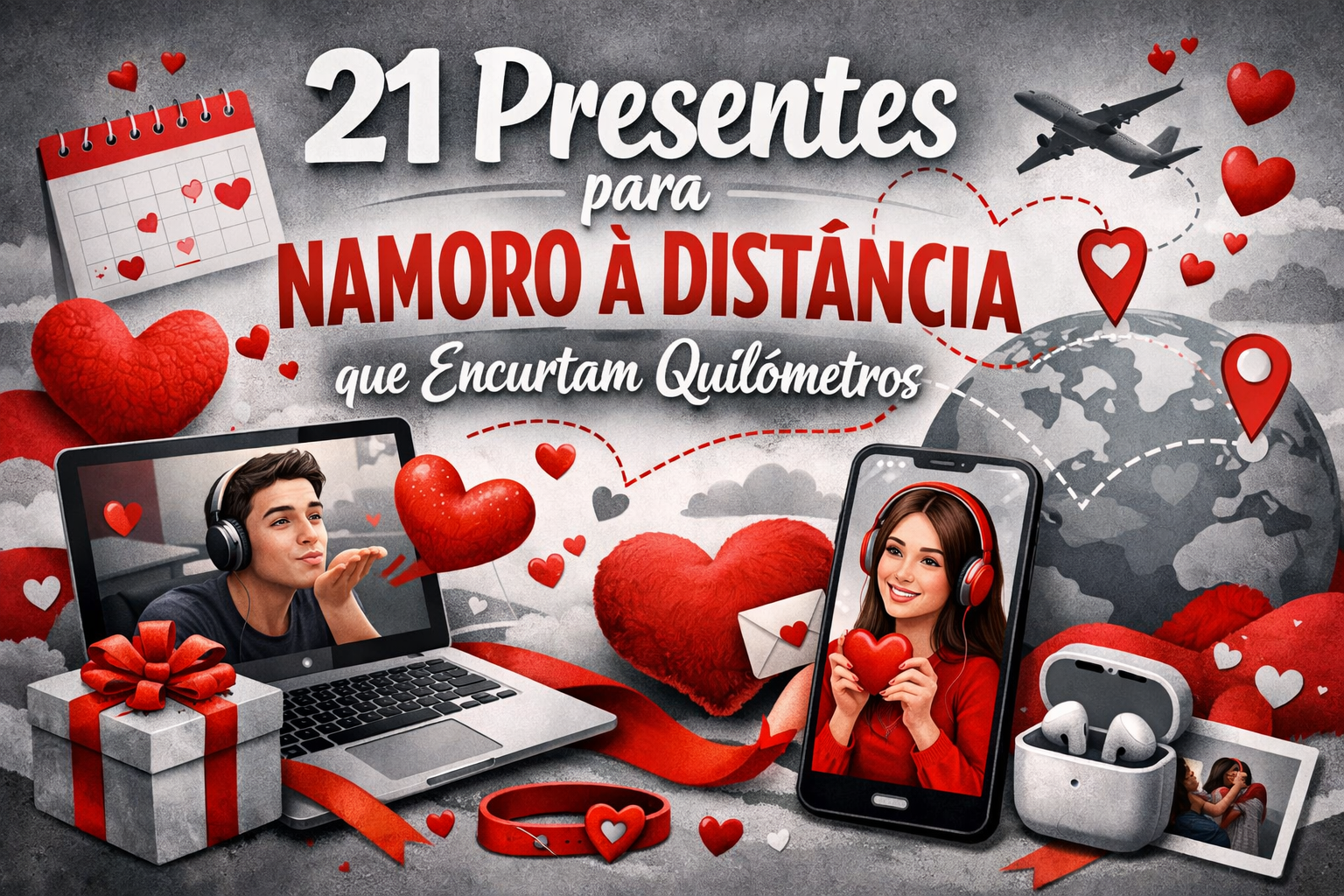 Imagem promocional com o título “21 Presentes para Namoro à Distância que Encurtam Quilómetros”. A composição inclui elementos relacionados ao tema de amor e conexão à distância, como corações, um laptop, um smartphone, fones de ouvido, um presente embrulhado, um calendário e um mapa-múndi. Há também aviões e ícones de localização, simbolizando viagens e proximidade emocional. O fundo é decorado com tons de cinza e vermelho, reforçando a temática romântica.