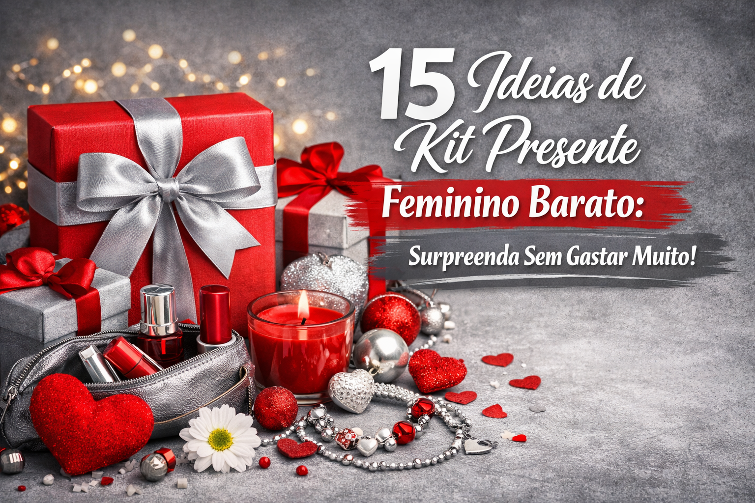 Imagem com fundo cinza e elementos decorativos em tons de vermelho e prata. Há presentes embrulhados com laços, velas, corações, pérolas e flores brancas. O texto destaca: “15 Ideias de Kit Presente Feminino Barato: Surpreenda Sem Gastar Muito!”.