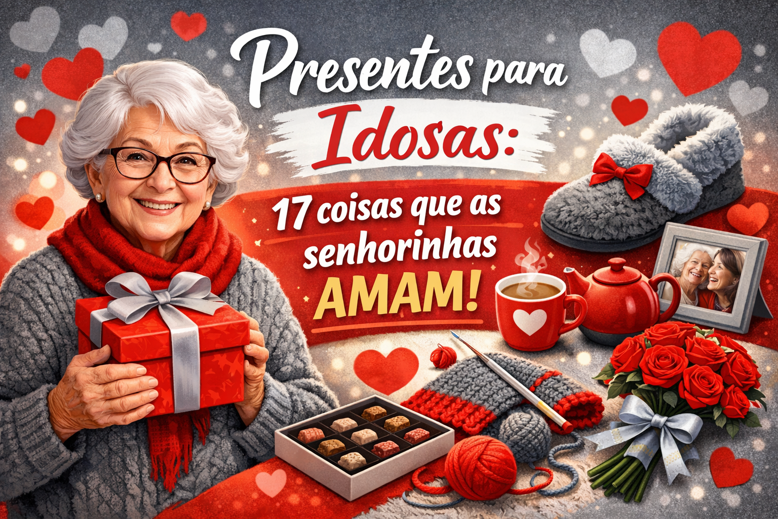 Imagem de divulgação com o texto “Presentes para Idosas: 17 coisas que as senhorinhas AMAM!” em destaque. A composição inclui elementos que remetem a presentes, como uma caixa de presente vermelha com laço, flores, bombons, um bule de chá, uma xícara, pantufas e uma moldura com foto, todos dispostos em um fundo decorado com corações.