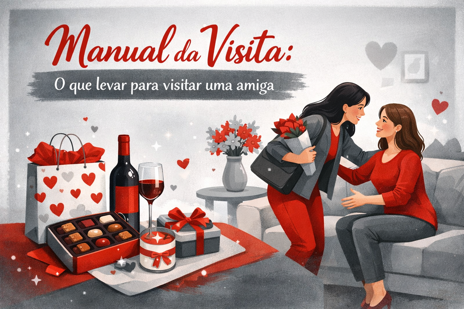 Ilustração de um ambiente aconchegante com duas mulheres interagindo amigavelmente em um sofá. À esquerda, há uma mesa decorada com itens como uma caixa de bombons, uma garrafa de vinho, taças, flores e presentes embrulhados com papel temático de corações. No topo, o texto “Manual da Visita: O que levar para visitar uma amiga” está destacado em um estilo elegante. A cena transmite calor e hospitalidade.