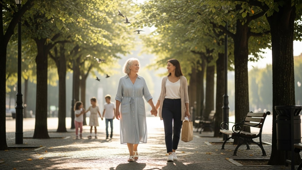 Uma senhora de cabelos grisalhos, usando um vestido leve e confortável, caminha tranquilamente por uma praça arborizada. Ao seu lado, uma  mulher segura sua mão e carrega presentes para idosas, enquanto conversam e sorriem.  sua frente duas crianças brincam. O sol brilha suavemente entre as folhas das árvores, criando sombras agradáveis no chão. Pássaros cantam ao fundo, e há um banco próximo onde elas podem sentar para descansar. Em suas mãos, uma sacola com um lanche preparado para compartilhar, enquanto aproveitam o momento juntas e observam a natureza ao redor.