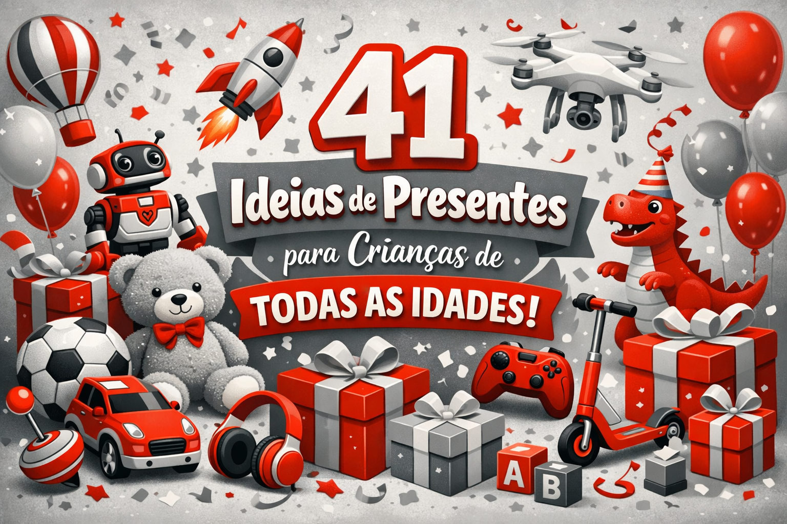 A imagem mostra uma variedade de brinquedos e presentes para crianças de todas as idades, incluindo um robô, um foguete, um drone, um ursinho de pelúcia, um carro de brinquedo, um controle de videogame e vários outros itens. O título da imagem é “41 Ideias de Presentes para Crianças de TODAS AS IDADES!”.