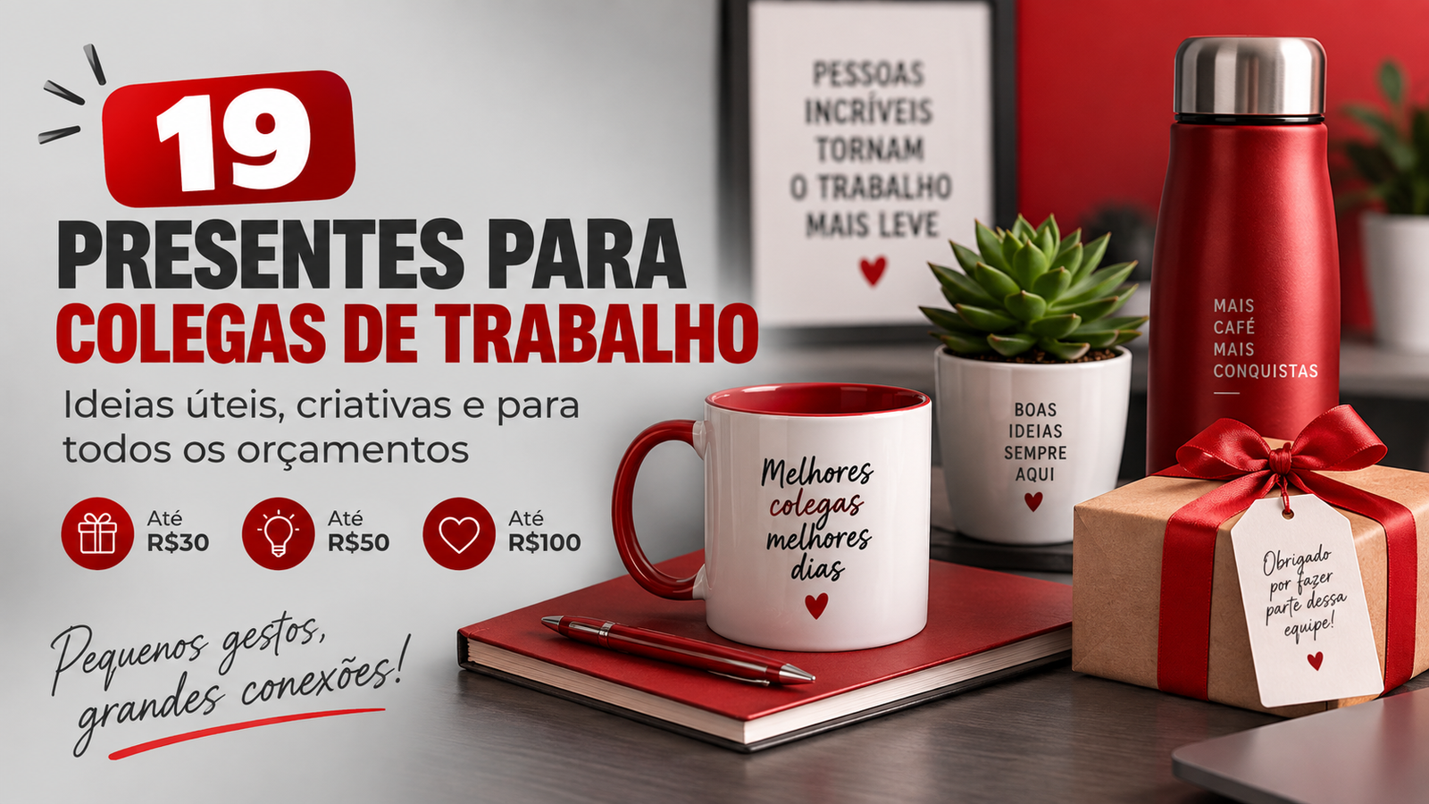 Presentes para colegas de trabalho, como caneca, garrafa térmica, planta e caixa de presente, em cenário de escritório com tons de vermelho e cinza.