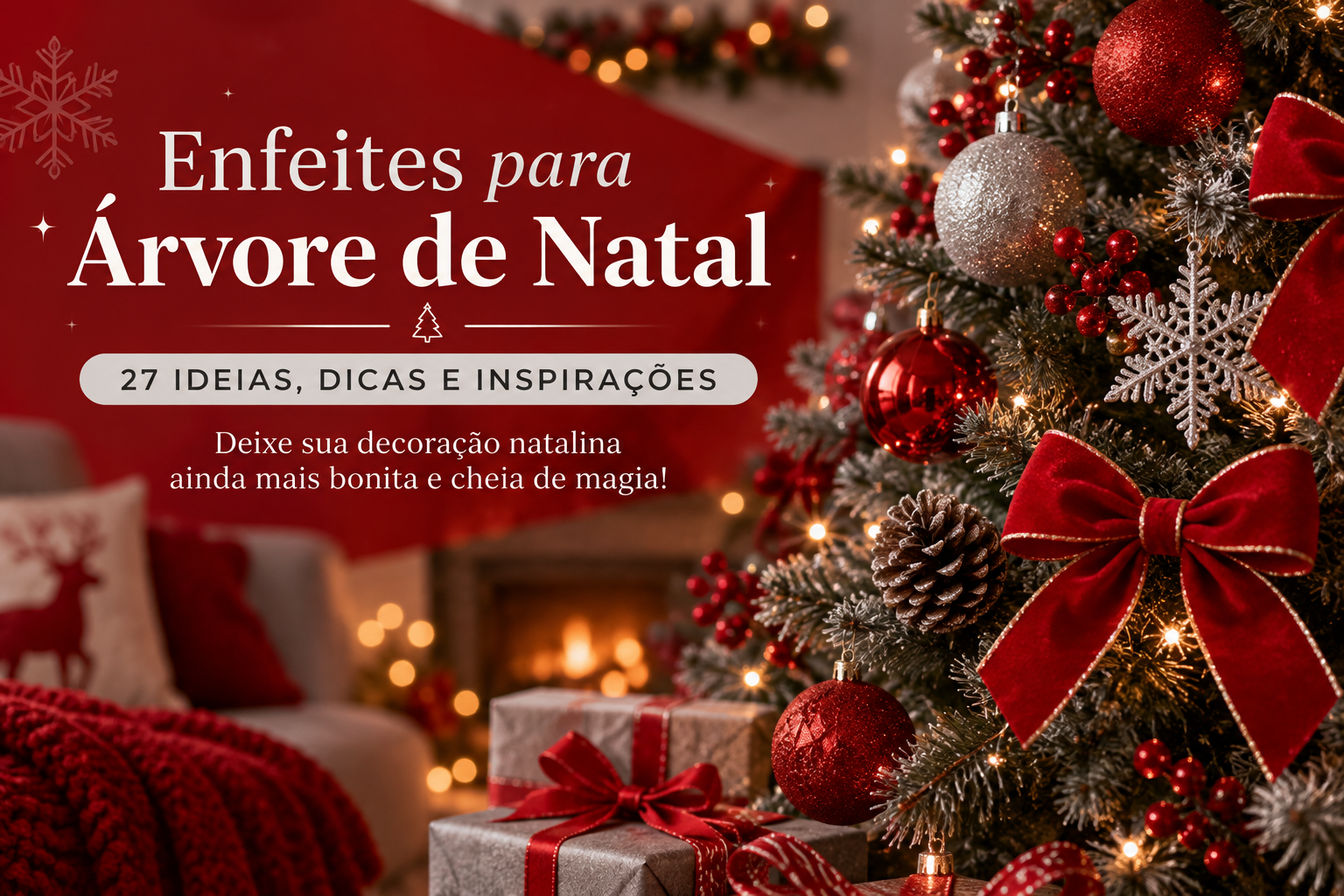 Enfeites para árvore de Natal em vermelho e prata, com bolas, laços, flocos de neve e luzes.